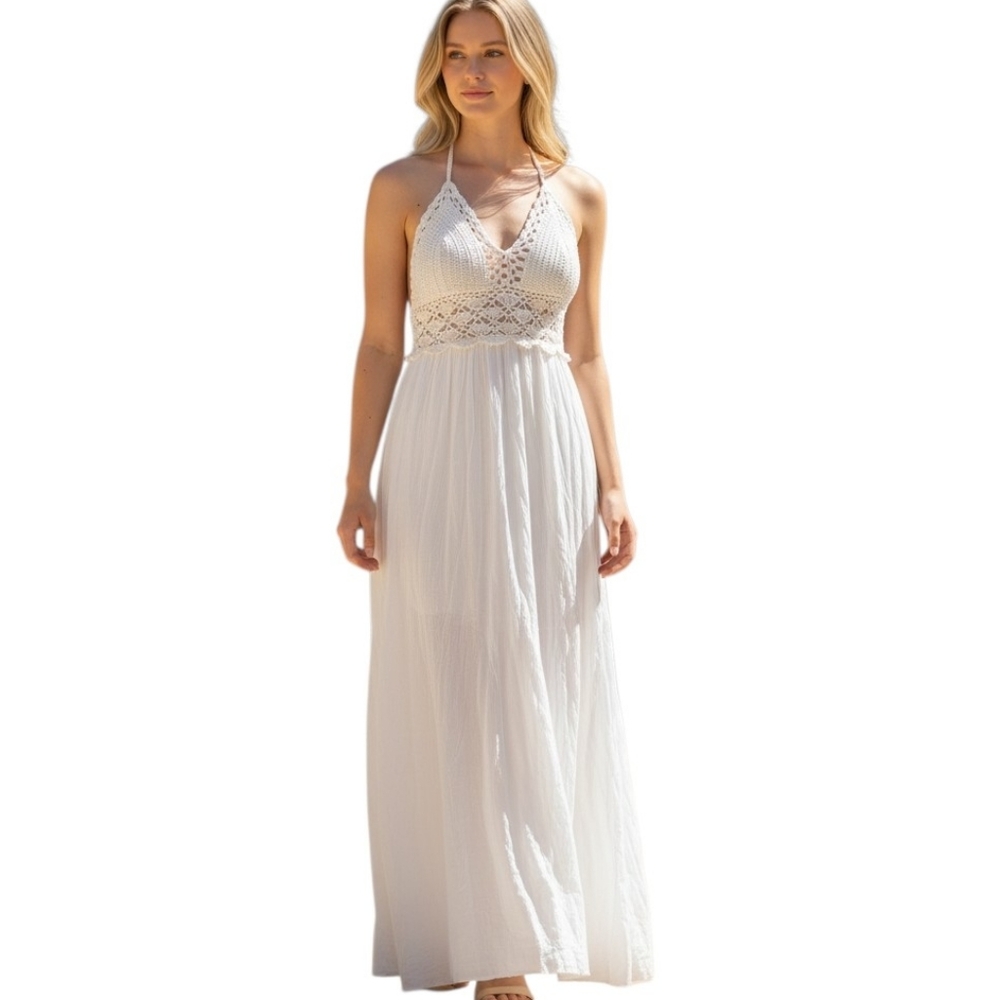 Lilbetter White Maxi Halter Dress Medium Crochet Boho Festival Beach Vacation